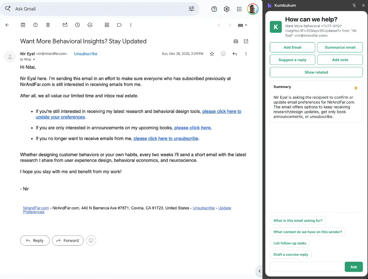 Kumbukum extension sidebar running inside Gmail
